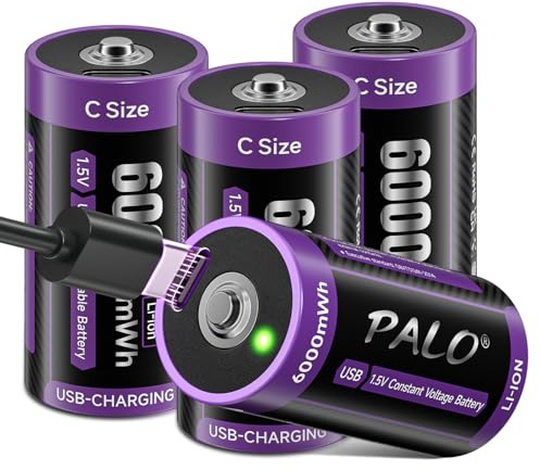 Mspalocell USB-C Baby C Akku Wiederaufladbar LR14 1,5V 6000mWh Lithium Schnellladung Typ-C Akku mit Ladekabel, Geringe Selbstentladung, 1500+ Zyklus, mit Ladelicht, 4 Stück C batterien