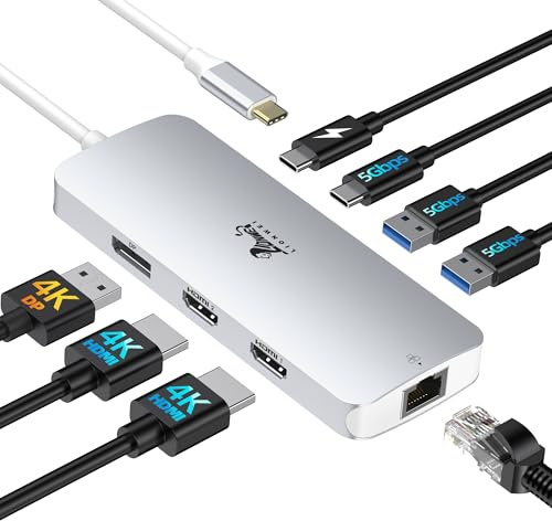 LIONWEI USB C Docking Station 2 Monitore 8 in 1 Laptop Dockingstation | USB-C Hub 3 Monitore mit 2x HDMI 4K, DP, 1Gbps Ethernet, 100W PD, 3x USB 3.0 (USB-A/C), Kompatibel mit Dell, HP, Silber