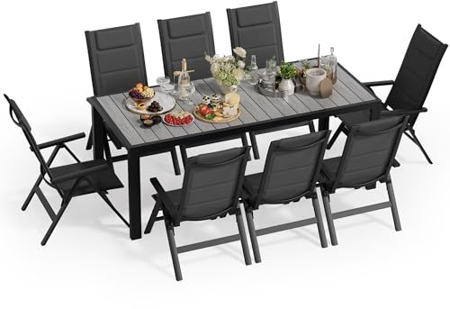 JUMMICO Gartenmöbel Set, 6 stühle Klappbar mit 1 Tisch, 5-Fach Verstellbarer Aluminium Sessel und Einer Tischplatte in Holzoptik, Wetterfestes Terrassenmöbel für Balkon und Garten