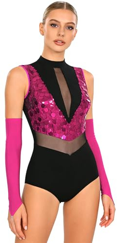 Jydiazi Damen Tanzbody Glitzer Turnanzug Pailletten Trikot Handschuhe Set Latin Standard Lateinamerikanisches Tanzkostüm Jazz Dance Outfit Hot Pink S