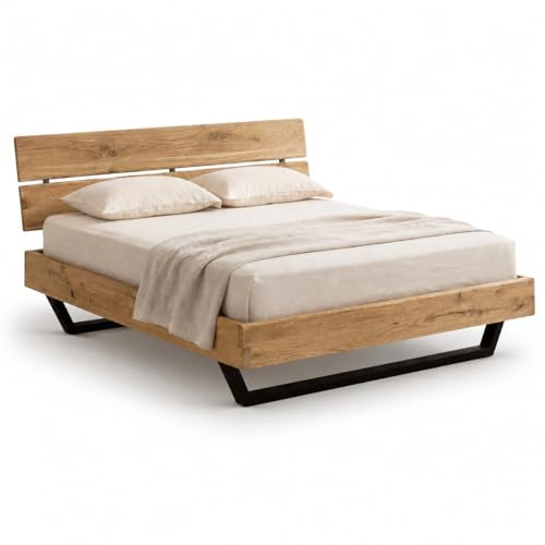 Liadomo Bettgestell 180x200 cm, Bologna, Holz, Eiche | Bett, Doppelbett, Rahmen und Kopfteil Eichenholz massiv, Holzfarben, verstellbare Einlegetiefe, Kufengestell Metall schwarz