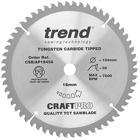 Trend Aluminium & Plastic Circular Saw Blade, 184mm Diameter, 16mm Bore, 58 Teeth, 2.8mm Kerf, -6° Hook, TCT, Extra-Fine Finish, CSB/AP18458