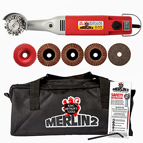 King Arthur's Tools MERLIN2 Mini Angle Grinder Carving Set, Variable Speed, 6 Accessories, 2-Inch Disc Tool for Wood Carving