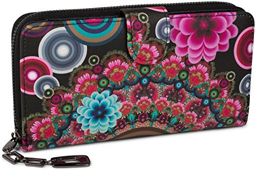 styleBREAKER Damen Geldbörse mit Buntem Blumen Blüten Mandala Muster, Ethno Style, Reißverschluss, Portemonnaie 02040040, Farbe:Schwarz-Rot-Pink