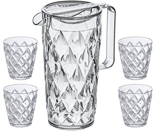 Koziol Superglas Crystal Pitcher Set, 1,5 l + 4 Becher (250 ml), Karaffe mit Deckel aus kristallklarem Kunststoff, luxuriös, unzerbrechlich, stapelbar, spülmaschinenfest, Gartenparty, Camping, 1 Set