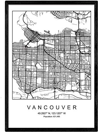 Nacnic Imprimer Plan de la ville de Vancouver style scandinave en noir et blanc. affiche de format A3 papier imprimé No 250 gr. Peintures, estampes et affiches pour le salon et chambre à coucher