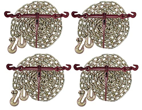 Mytee Products 5/16 Grade 70 Chain and Binder Kit | Includes (4) 5/16 - 3/8 Ratchet Load Binder & (4) 5/16 x 12' G70 Transport Chain w/Grab Hooks | 4700 lbs WLL for Flatbed Truck Trailer Tie Down