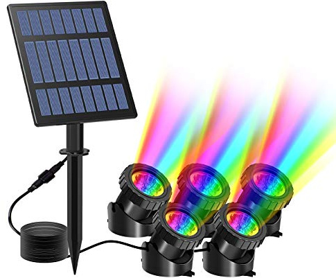 T-Sun Solar Pond Lights RGB Underwater Pond Lights with 5 Lamps Submersible LED Landscape Spotlight IP68 Waterproof with 2 Modes (Steady/Flashing) for Pond Pool Garden Yard Fish Tank Aquariums