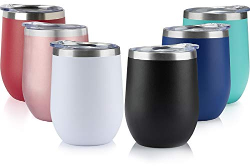 6 x 340 ml Edelstahl-Weinbecher mit Deckel, Weinglas-Becher, doppelwandig, vakuumisoliert, Reisebecher für Kaffee, Wein, Cocktails, Eis, etc. (6er-Pack)