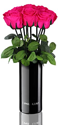 EG EMMIE GRAY Classic Vase Set | Long Stem Infinity Rosen inklusive schwarzer Glasvase - Luxuriöser Rosenstrauß aus echten Premiumrosen, die 1-3 Jahre halten, haltbare Rosen, (Hot Pink, 10 Rosen)