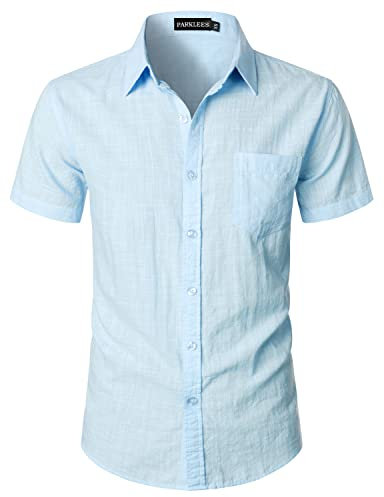 PARKLEES Men's Fitted Cotton Linen Casual Short Sleeve Button Up Shirts Lightweight Beach Tops with Pocket EU-PZLSC34-Sky Blue Medium