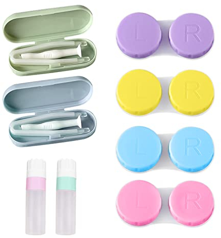BEIIEB 6 Pcs Contact Lens Case with 2 Kit Tweezers and Mounting Stick; 2 Empty Bottles with Contact Lens Container L&R Marked for Home, Travel, blue, Fashion
