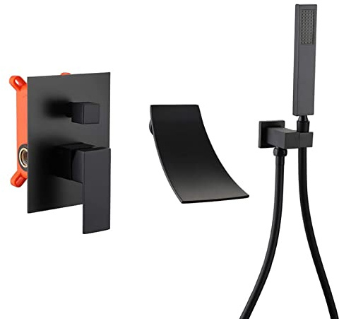 XJTNLB Badewannenarmatur Schwarz Wasserfall mit Brause Einzelgriff Wasserhahn Badewanne Wand Armatur Badewanne Dusche,Schwarz