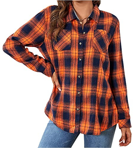Chickwin Chemise Femme a Carreaux Chaude en Flanelle Blouse Chic avec Bouton à Manches Longues Coupe Classique Décontractée Automne Hiver Mode Veste Cardigan