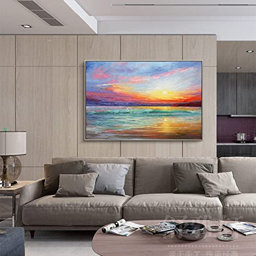 Handgemalte Acrylbilder Abstrakt,Original Moderne Kunstbilder Sonnenuntergang Strand Handgemaltes Ölgemälde Fotografie Kunst Strukturiertes Kunstwerk Rahmenlose Horizontale Wandmalerei Für Wohnzi