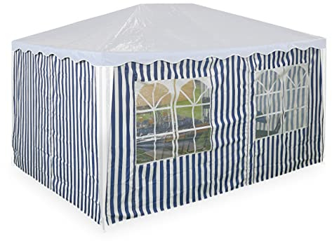 Relaxdays Tende per Gazebo Laterali 3x4 m, Set 3, Telo Impermeabile, Pareti Poliestere, a Strappo, Finestre, Blu Bianco, 200 x 400 x 0.1 cm