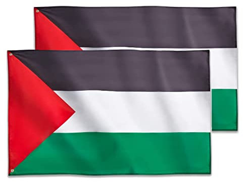 2 banderas de Palestina con 2 ojales metálicos premium 100% reciclados resistentes a las temperías colores brillantes con borde doble, 90 x 150 cm (Palestina)