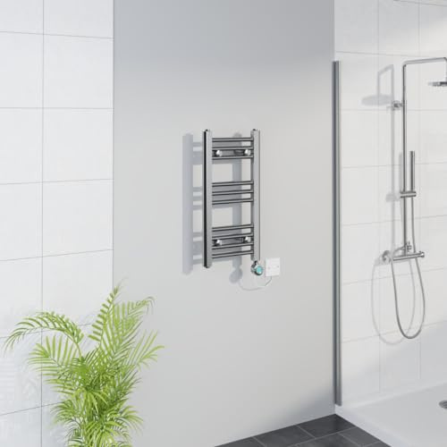 Warmehaus WiFi Electric Bathroom Straight Radiator Timer 600x300mm Chrome | Thermostatic, Smart LCD Display, Child Lock, T Piece, Prefilled, Electric Heated Towel Rail Warmer, Energy Efficient