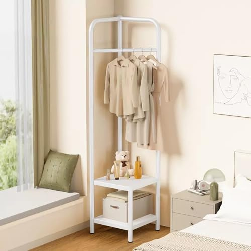 MEYEBP 2 In 1 Eck-Garderobe Kleiderstange Kleiderstangen Für Schlafzimmer, Metall-Kleiderstange Kleiderständer Mit Abgestuftem Regal, Freistehende Garderobe Für Eingangsbereich
