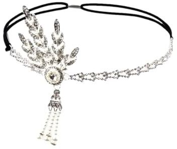 1920er Jahre Stirnband Vintage Braut Party Kopfschmuck Zubehör Requisiten Perlen Stirnband Kette, silber, Einheitsgröße