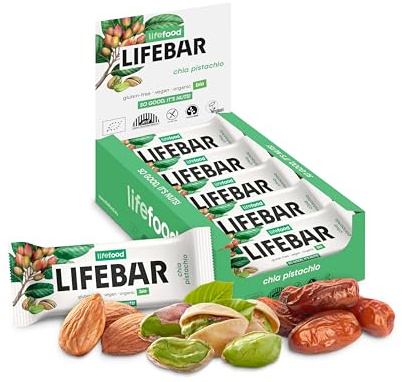 lifefood Lifebar Energieriegel, Vegan Sportriegel, RAW BIO Rohkost, Vegan, Glutenfrei, Laktosefrei,Ohne Zuckerzusatz, Biologisch angebaut - 15er Pack (15 x 40 g) (Chia Pistazie)