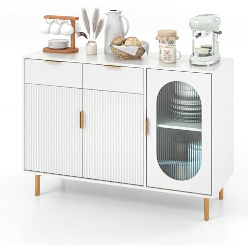 GOPLUS Aparador de Cocina Con 2 Cajones y 3 Puertas, Gabinete de Estilo Moderno Con Dispositivo Antivuelco para Sala de Estar, Dormitorio, 120 x 40 x 88 cm