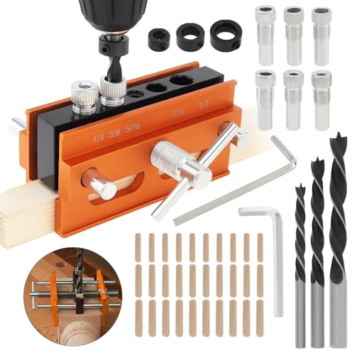 Omninmo Self Centering Doweling Jig, Adjustable Width Dowel Jig Kit for Straight Holes, Biscuit Joiner Set with 3 Drill Bits, 6 Drill Guide Bushings, 30 Wooden Dowels