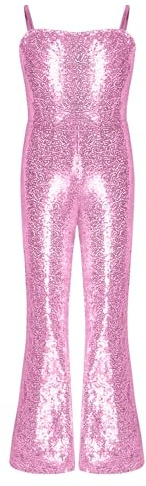 CHICTRY Kids Girls Chiffon Sequins Wide Leg Jumpsuit High Waist Ruffle Pants Romper Party Outfit B1 Pink 13-14 Years