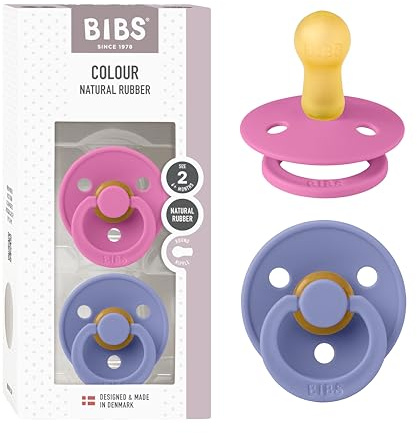BIBS Colour Schnuller, 6-18 Monate, 2er-Pack, Bubblegum/Peri | Runder Sauger | Naturkautschuklatex | Größe 2 | BPA-frei | Hergestellt in Dänemark | Hohe Akzeptanz | Luftlöcher