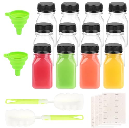 MXTIMWAN 12 Stück Leere Kleine Flaschen, 120ml Mini Smoothie Flasche, Kleine Flaschen zum Befüllen, Saftflaschen Auslaufsicher mit Trichter und Reinigungsbürste für Säften, Smoothie, Getränken