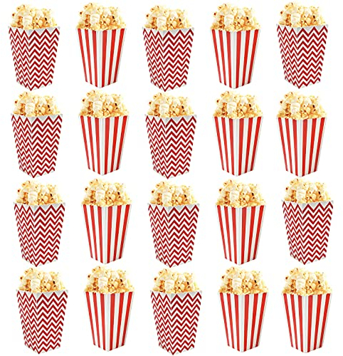 Dokeno 20 Pezzi Rosse & Bianche scatole per popcorn, Secchielli per Popcorn di Carta, Contenitori per Popcorn per Feste di Compleanno, Serate di Cinema, Ecc. - Righe & Onde, 7 x 5 x 11,5 cm