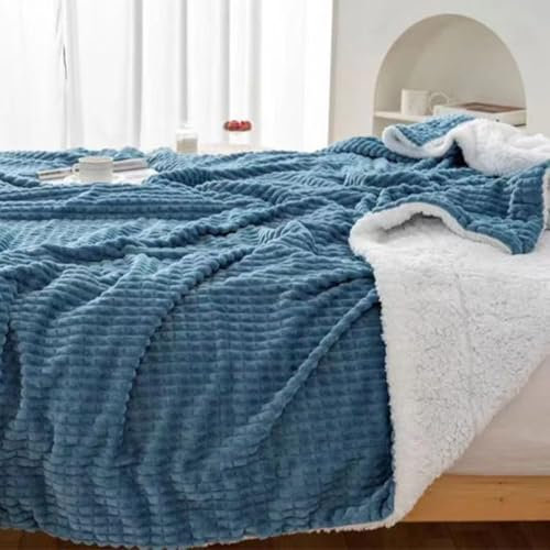 GREATOYAR Manta de Franela y Borreguillo Reversible para Cama Sofá - Premium Microfiber Polyester, Suave Cómoda, Cálida Esponjosa, Patrón Gofre, Azul, 130x160cm