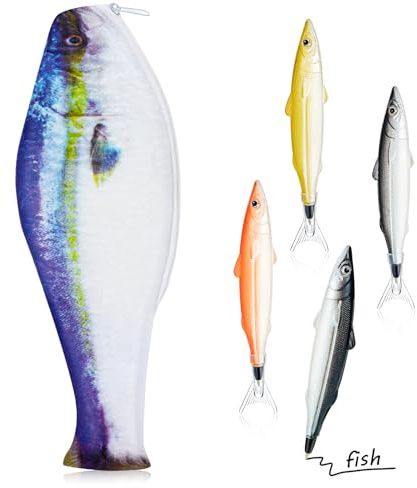 Sinmoe Fisch Federmäppchen Neuartige Federtasche Geldbörse Lustige Stifttasche mit Gepolstert Dick Schaumstoff Futter und 4 Süße Fisch Stifte Geschenke(Lebendig,Blau)