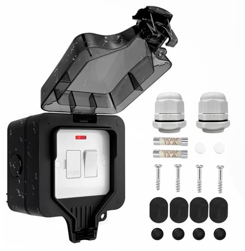 Outdoor Fused Spur Switch, ip66 Waterproof Outdoor Light Switch for Outside Garden, Single Gang 1 Way Wall Weatherproof Outlet Electric Box 13amp 3250w 250v, Black