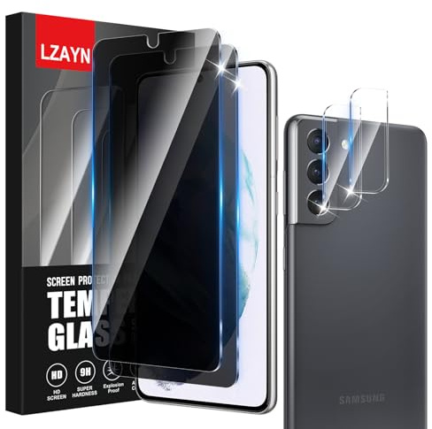 LZAYN 2+2 Pack Blickschutzfolie für Samsung Galaxy S21 5G, 2 Panzerglasfolie + 2 Stück Kameraobjektivschutz, 9H Härte, Anti-Kratzen, Hülle kompatibel, Anti-Spy Glasschutz