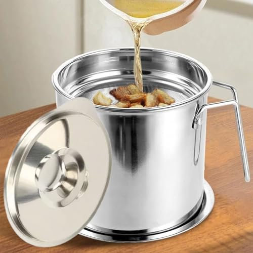 Bouteille Huile. Filtre Huile en Acier Inox 304 Pot Huile avec Filtre Amovible Couvercle Anti Poussi re Plateau Antid rapant Pour Filtrer et Stocker l Huile et le Gras de Bacon (Large)