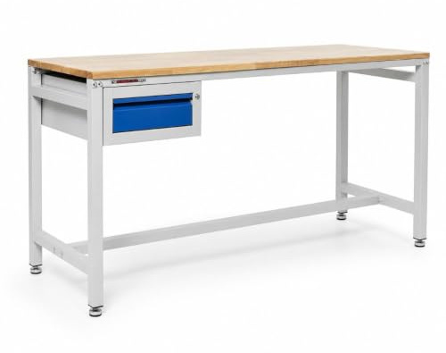 Metal Workbench, Heavy Duty Industrial Steel Bench with a 30mm 150kg UDL Wooden Top & Optional Drawers for Workshops & Garages (1 Drawer, 1600mm Width)