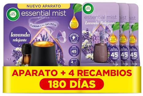 Air Wick Essential Mist - Aparato y 4 recambios de ambientador difusor aceites esenciales para casa con aroma a Lavanda, el embalaje puede variar