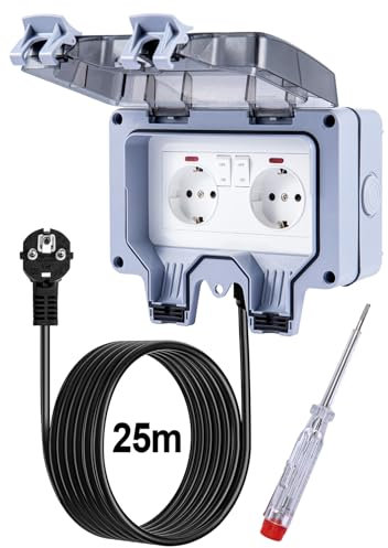 Trintion Außensteckdose Wasserdicht Aussensteckdose 2 Fach Doppel Steckdose Außen mit 25M Kabel Schalter Klappdeckel,Wandsteckdose Feuchtraum Aufputz Wetterfest Outdoor Gartensteckdose,Grau