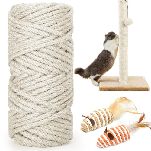 HezzLuv 98FT/30M Cat Scratching Sisal Rope, 6mm Thick Natural Jute Rope for Scratch Posts, Cat Trees, DIY Projects, Sisal Rope for Cat Scratcher with 2 Cat Mouse Toys (White, 98ft)