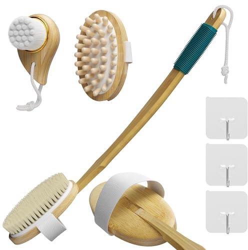 Juego de cepillos de baño de bambú, mangos largos con 2 cabezales de cepillo extraíbles, cerdas y partículas de madera, cepillo de lana en forma de gota