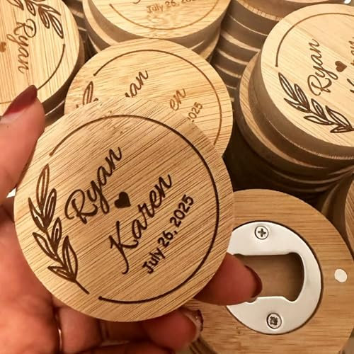 Apribottiglie Rotondo Rustico Personalizzato In Legno For Gli Sposi, Magnete For Frigorifero Personalizzato, Data Incisa, Nomi, Regalo For Eventi(2pcs)