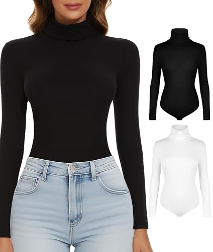 SHAPERIN 2 Piece Bodysuit Women Long Sleeve Bodysuits Tops Stretch Leotard Body Suit Black+White 1# S