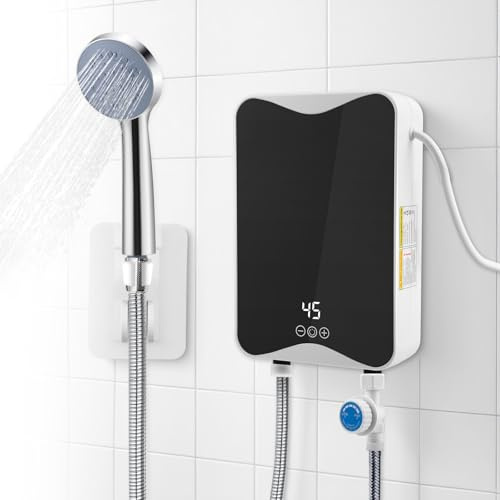 Scaldabagno Istantaneo Elettrico 5,5 kW 220 V Mini con Doccetta, con Display LED Temperatura Leggibile, Sistema Acqua Calda senza Serbatoio per Bagno, Cucina, Giardino