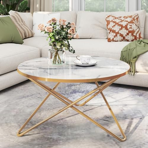 MROJISC Coffee Table, Round Coffee Table with Marble Effect Tabletop and Gold Metal Frame, White Coffee Tables for Living Room, Bedroom