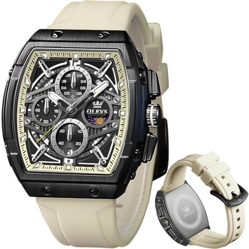 OLEVS Men Wrsit Watches White Luxury Square Watch Chronograph Analog Moon Phase Watch for Man Relojes De Hombre