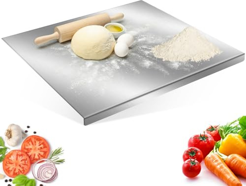 Planche a Découper Acier Inoxydable 304 Robuste avec Bord Arrêt, Plan Protege de Travail Cuisine, Plaque Inox Surface Antiadhésive Polis Coins Arrondis pour Viande, Pâtisserie, Légumes & Fruits