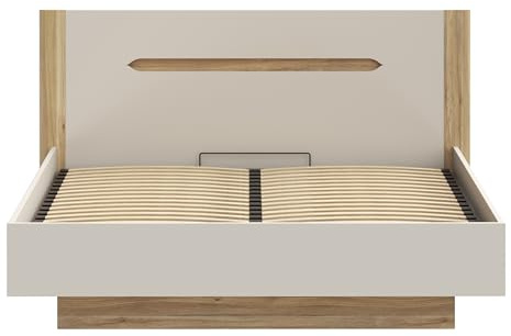 Forte EDWAL Bett Liegefläche 180 cm, modernes Bettgestell mit Stauraum unter dem Lattenrost, Holzwerkstoff, Kaschmir |Beige Holzdekor, 196,2 cm breit x 105,7 cm hoch x 206,6 cm tief