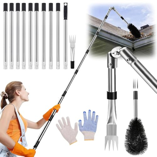 Gutter Cleaner Kit 4M/13FT Telescopic Roof Gutter Cleaning Extension Tools with Adjustable Angle Pole Gutter Brush, Gutter Scoop for Removes Leaf Debris, Spider Webs from Villas, Ditch, Gardens
