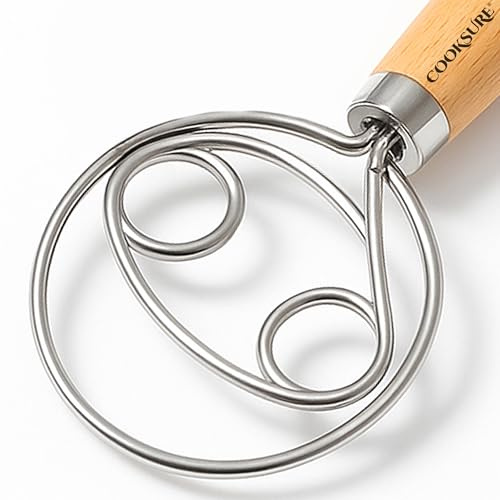 COOKSURE Danish Dough Whisk for Sourdough Bread – 13 Inch Bread Whisk with Wooden Handle – 304 Stainless Steel Hook for Heavy Dough Baking, Swedish Dough Whisk Tool